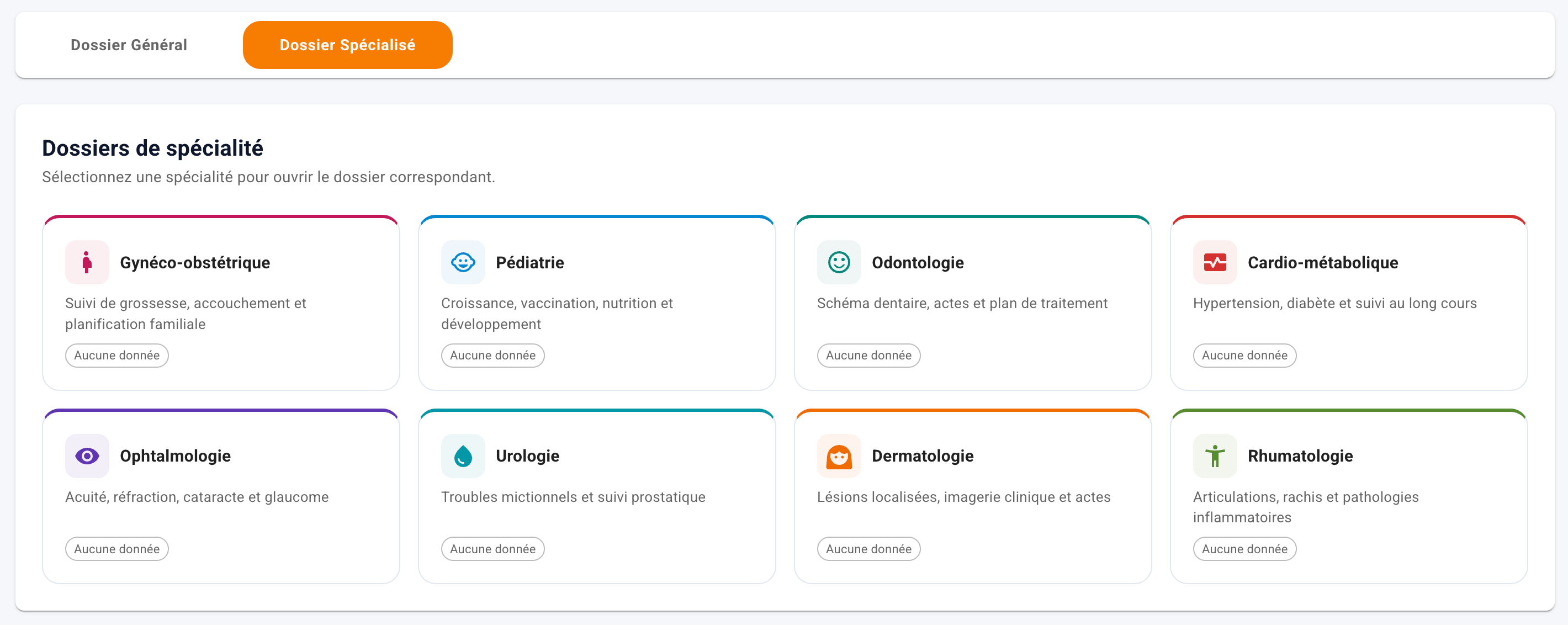 Écran des dossiers de spécialité de la plateforme VitaFlux, avec les 8 spécialités