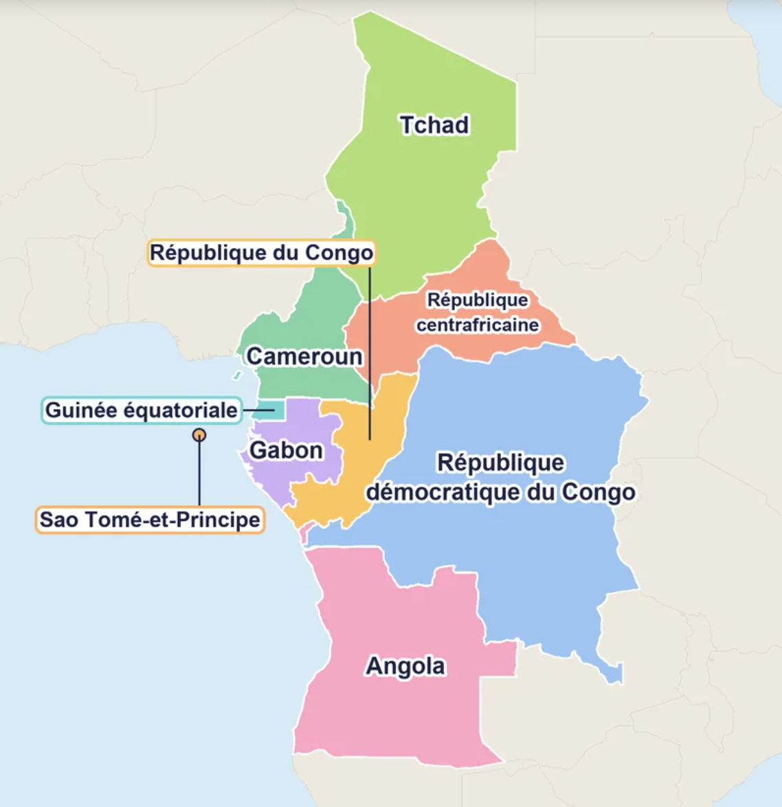 Carte de l’Afrique centrale : Tchad, Cameroun, République centrafricaine, Guinée équatoriale, Sao Tomé-et-Principe, Gabon, République du Congo, République démocratique du Congo et Angola